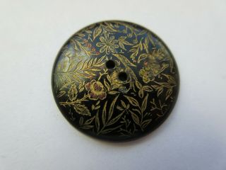 WOW Exceptional Antique Vtg Carved HORN BUTTON Incised Luster Flowers 1 