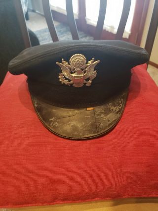Vintage Blue Military Officer Dress Uniform Hat Cap With Badge And Id Number