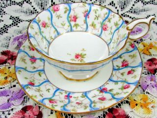 Coalport Hp Pink Roses Turquoise Enamel Borders Tea Cup And Saucer