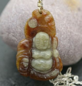 Antique Chinese Hand Carved Happy Buddha Jade Pendant & Sterling Silver Necklace