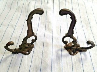 2 - Antique Eastlake Ornate Brass Victorian Coat & Hat Hook 1870s Double Hooks 3