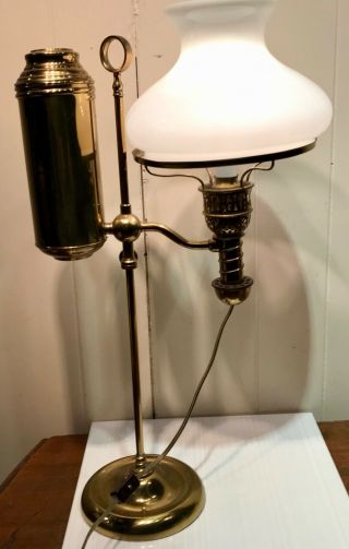 Antique Brass Oil Student Lamp Table Desk White Shade Electrified Very