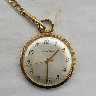 Rare Vintage 1.  75 " Caravelle Wind Up Pocket Watch & Fob Chain Look Nr