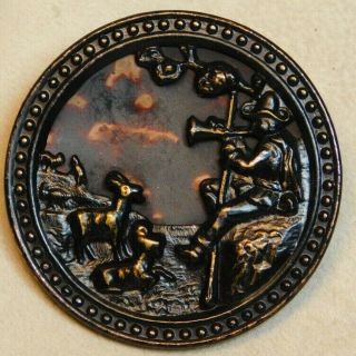 X - Large Antique Fable Button Pied Piper With Goats Marble Celluloid In Brass C3