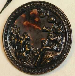 X - Large Antique Fable BUTTON Pied piper with Goats Marble Celluloid in Brass C3 2