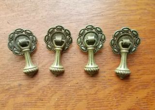 Four Antique Vintage Fancy Ornate Round Brass Drawer Pulls With Drops C1920
