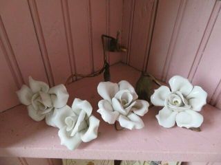 4 Gorgeous Old Vintage White Porcelain Roses Italian Tole For Display