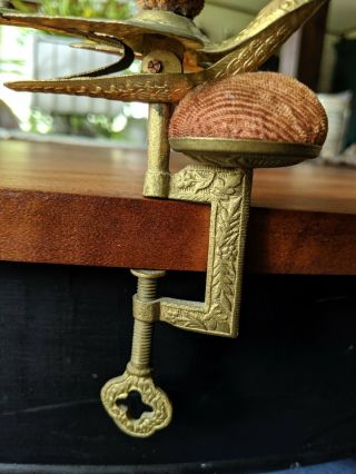 Antique Victorian Sewing Bird with Two Pin Cushions and C - Clamp Holder 3