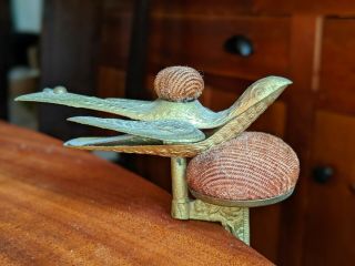 Antique Victorian Sewing Bird with Two Pin Cushions and C - Clamp Holder 5