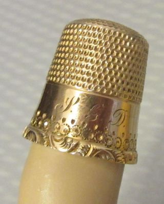 Antique Waite Thresher 10k Solid Gold Thimble Mono Pgd Fancy Dot Scroll Band