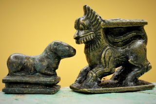 Two - Chinese Antique Bronze Metal Finial Stand Figures Mythical Creature,  Sheep