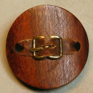 Large Antique Vintage Button Exotic Wood With Leather Realistic Belt & Buckle M3