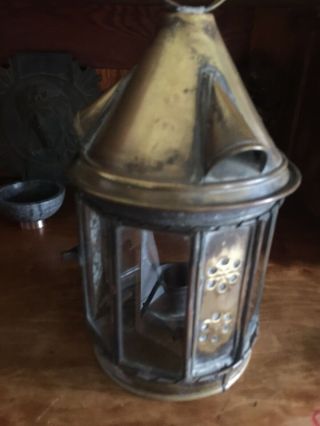 ANTIQUE FRENCH BRASS AND GLASS LANTERN 5