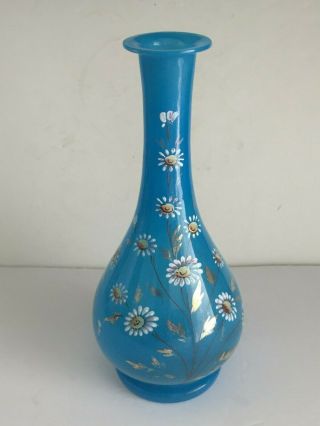 Antiq Enamel Painted Victorian Blue Opaline Glass Vase 12 " Pontil English French