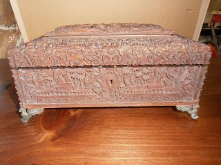 Antique Oriental Hand Carved Wooden Velvet Lined Sewing Box - Bronze Eagle Feet