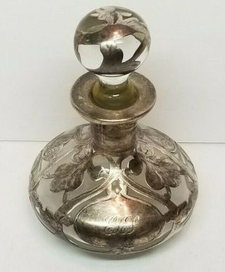 Antique Art Nouvea Sterling Silver Overlay Glass Perfume Bottle & Stopper Signed