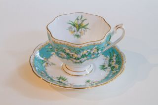 Vintage Queen Anne Tea Cup And Saucer Marilyn Aqua With White Snowdrop Flowers