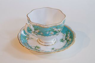 VINTAGE QUEEN ANNE TEA CUP AND SAUCER MARILYN AQUA WITH WHITE SNOWDROP FLOWERS 2
