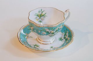 VINTAGE QUEEN ANNE TEA CUP AND SAUCER MARILYN AQUA WITH WHITE SNOWDROP FLOWERS 3