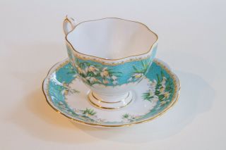 VINTAGE QUEEN ANNE TEA CUP AND SAUCER MARILYN AQUA WITH WHITE SNOWDROP FLOWERS 4