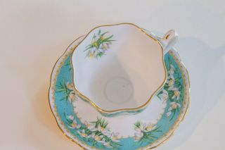 VINTAGE QUEEN ANNE TEA CUP AND SAUCER MARILYN AQUA WITH WHITE SNOWDROP FLOWERS 5