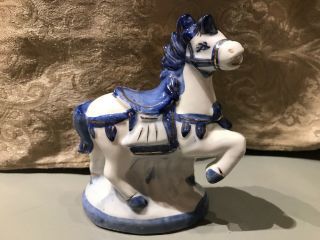 Vintage Blue White Porcelain Show Horse Statue Figurine China