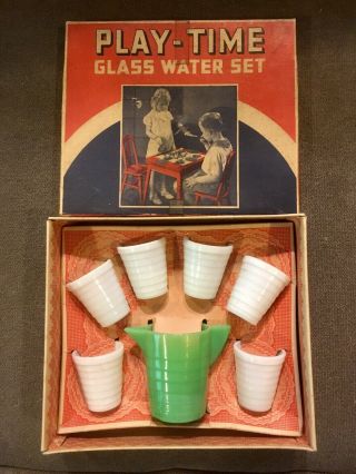 Play - Time Glass Water Set 1930s Akro Agate Co.  Six White Glasses Green Pitcher