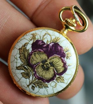 Bucherer Ladies Pendant Floral Enameled Pocket Watch