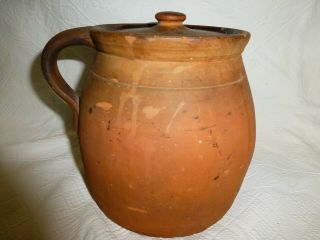 Antique Unglazed Redware W/ Glazed Interior & Handle Clay Pot Crock W/ Lid Sgnd