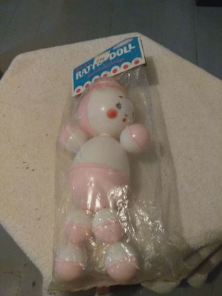 A Vintage Baby Rattle Doll For Crib And Carriage 11 " Tall Pink / White