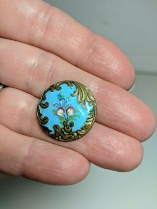 Exquisite Antique Vtg French Champleve Enamel Button W/ Flowers Em Paris 5/8 "