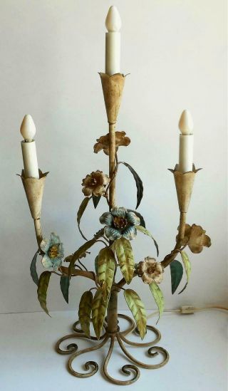Fine Vintage Shabby Chic Tole Painted Floral Metal 3 Light Candelabra Lamp