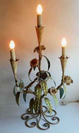 Fine Vintage Shabby Chic Tole Painted Floral Metal 3 Light Candelabra Lamp 2