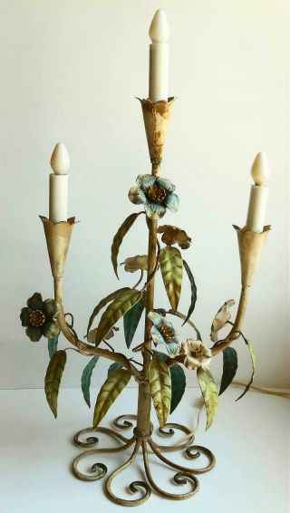 Fine Vintage Shabby Chic Tole Painted Floral Metal 3 Light Candelabra Lamp 3