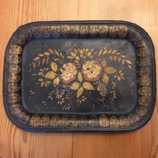 Early Hand Painted Golden Roses,  Tin Tole Tray,  Very Old