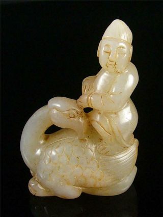 Fine Old Chinese Celadon Nephrite Jade Statue Fairy Boy W/ Goose Auspicious