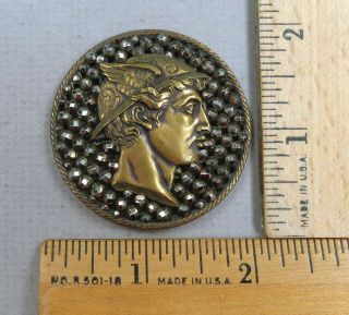 Mercury: Roman God Head Antique Button,  1 - Piece Brass W/ Cut - Steel Trim,  Large