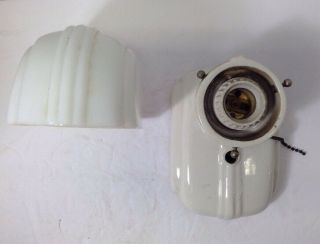 Antique Art Deco Porcelain Wall Sconce Light Fixture,  Glass Shade,  Pull Chain 7