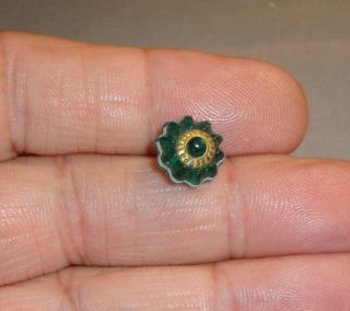 Antique Glass Charmstring Button Turquoise Glass Jelly Mold W/ Brass Ring Center