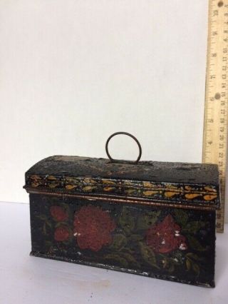 Antique 19th C.  Floral Decorated Tole - Ware Tin Box 6 1/2 " L X3 1/2 " H X3 1/8 " W