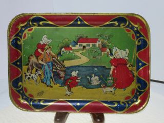 Antique Childs Lithographed Tin Tray Amsco Elizabeth Nj Farm Scene 8 1/2 " X 6 "