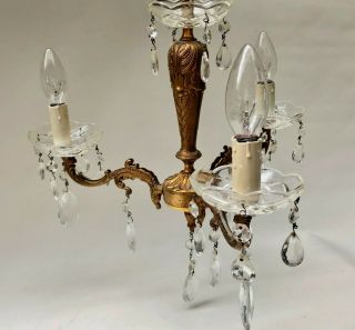 Vintage French Ornate 3 Arm Brass & Drop Crystal Chandelier Ceiling Light