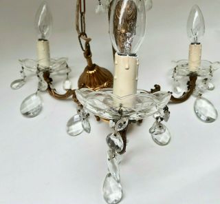 VINTAGE FRENCH ORNATE 3 ARM BRASS & DROP CRYSTAL CHANDELIER CEILING LIGHT 4