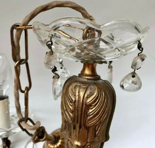 VINTAGE FRENCH ORNATE 3 ARM BRASS & DROP CRYSTAL CHANDELIER CEILING LIGHT 7