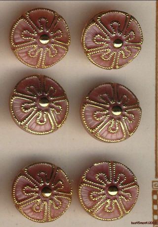 Gold Accented Design On Pink Cone Shaped 6 Czech Glass Buttons.  475 " =12.  07mm