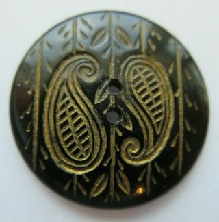 Wonderful Antique Vtg Carved Horn Button Incised Luster Paisley Design 1 " (y)