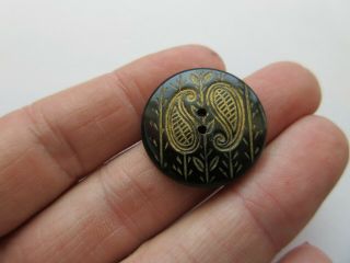 Wonderful Antique Vtg Carved HORN BUTTON Incised Luster Paisley Design 1 