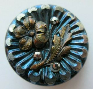 Outstanding Antique Vtg Tinted Steel Cup Picture Button Flower & Cut Steels (y)