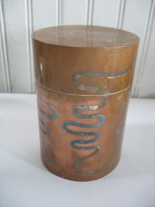 Vintage copper tea caddy/storage jar/canister Inlaid silver design JAPANESE? 2