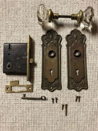 Vintage Brass Antique Glass Door Knob Back Plates And Lock Key Set Patina